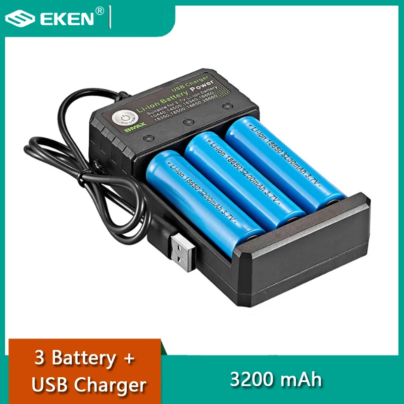 EKEN-batería Original de 18650 mAh y cargador de batería USB, 3 piezas, 3200