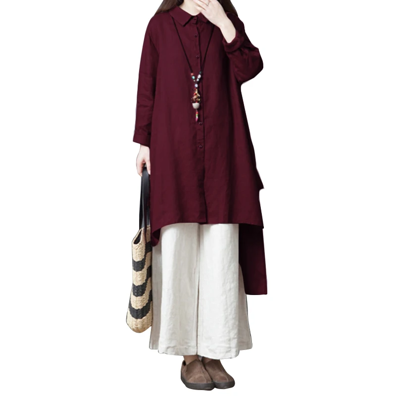 Wine Red ZANZEA, Женские топы и блузки,, винтажные, женские, повседневные, высокая, низкая, рубашка, осень, длинный рукав, пуговицы, вниз, туника, Blusas, сорочка, 5XL - Цвет: Wine Red