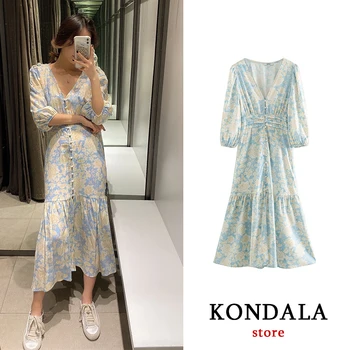 

Casual women dress za 2020 floral print vestidos vintage cascading ruffles dress V neck loose dresses high waist ropa mujer