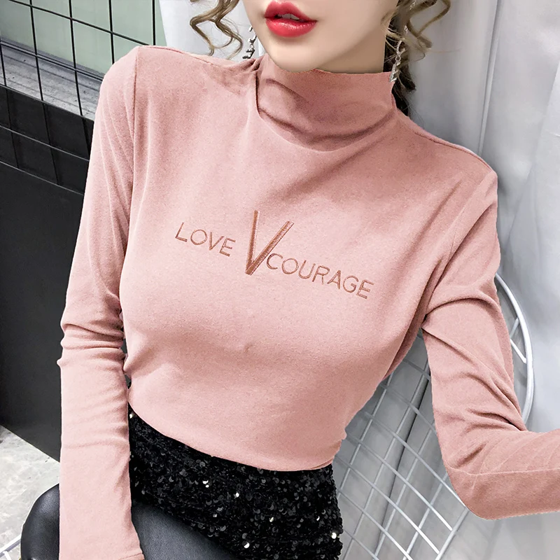

Women Long Sleeve T-shirt Autumn Winter Thicken Cotton T Shirts White Base Shirt Female Tops Embroidery Korean Tees Fashion