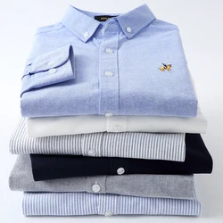 Chemises Oxford à rayures en pur coton pour hommes, manches longues, Logo brodé, coupe régulière, mode élégante 