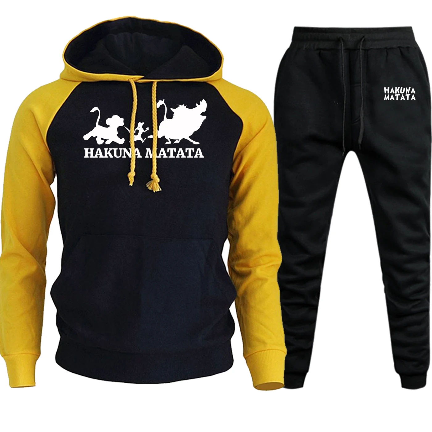 The Lion King Streetwear Cartoon Mens Raglan Hoodies Autumn Wianter New Suit Casual Pullover Fleece Hoody+Pants 2 Piece Set - Цвет: yellow black5
