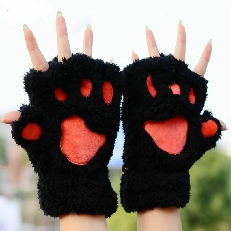 Зимние женские милые кошачья лапа с когтями плюшевые варежки короткие перчатки без пальцев теплые Плюшевые антифриз перчатки - Цвет: Черный