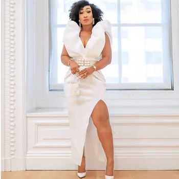 

White Ruffle Shoulder Split Thigh Pencil Dress