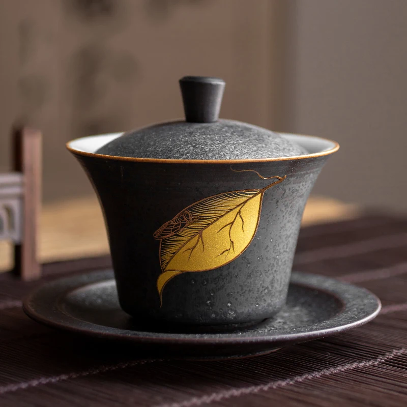Ceramic Gaiwan Tea Cup Japan Handmade Black Gold Japanese Crane Leaf tureen chinese kung fu tea set drinkware Tureens Trending