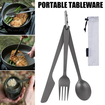 

3 in 1 Titanium Tableware Set Spoon Dinner Cutter Fork Camping Picnic Home _WK