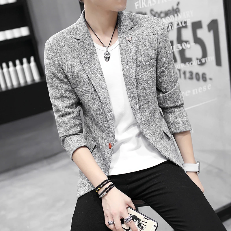 New Slim Fit Casual Jacket Cotton Men Blazer Coats Single Button Gray Mens Suit Jacket Autumn Coat Male Suit Jackets