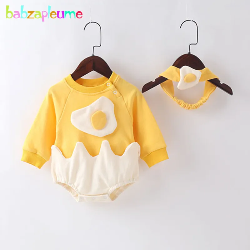 

2PCS Summer Twins Baby Girls Clothes Set Cartoon Cute Egg Long Sleeve Cotton Newborn Bodysuit+Headband Wholesale Clothing BC1881