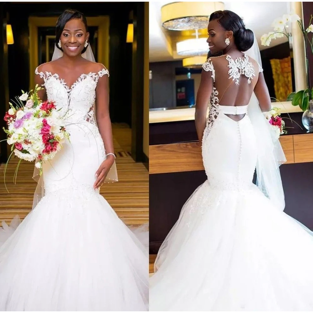 

2024 Newest Africa Mermaid Wedding Dresses Off Shoulder Appliques Sweep Train Lace Bridal Gowns Modest Plus Size Wedding Dress