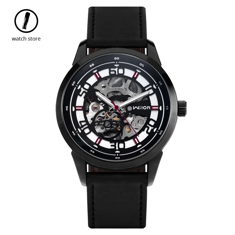 Мужские часы Wilon Fashion с двухсторонним скелетом черные Автоматические