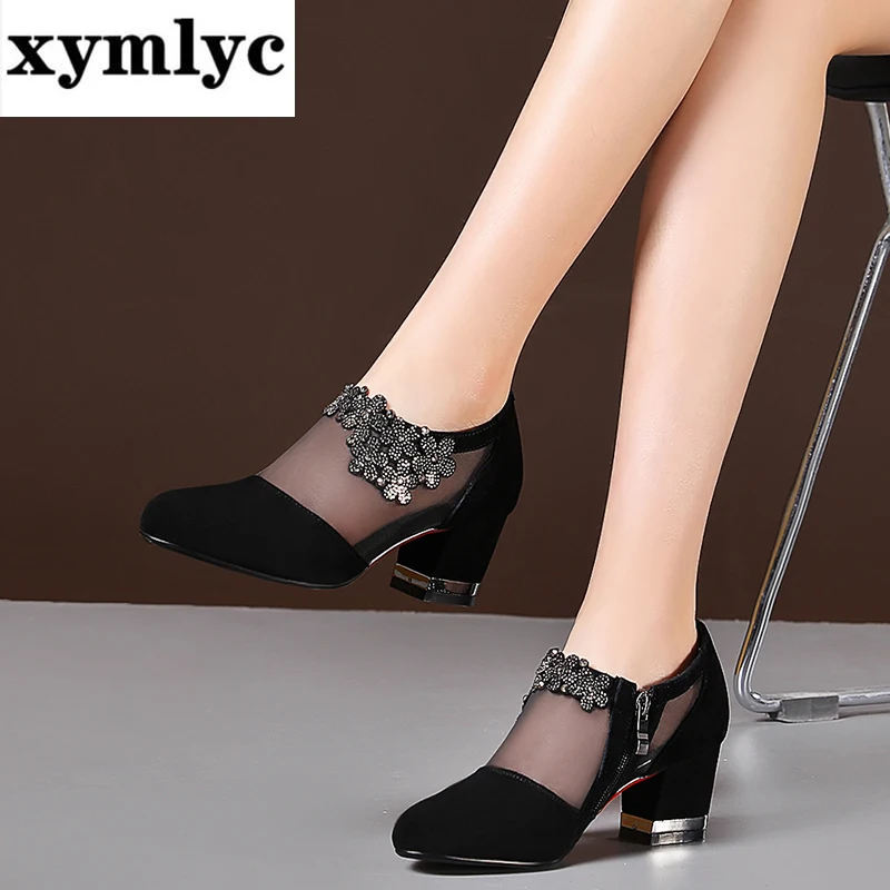 Zapatos de tacón alto para mujer de punta malla transpirable y cremallera, calzado elegante, de vestir, temporada verano
