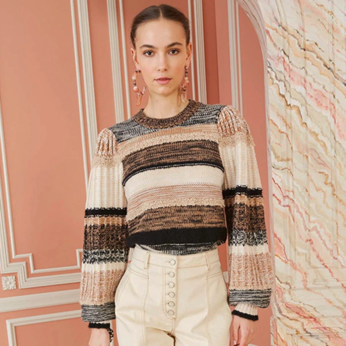 

Patchwork Retro Sweater Women Autumn Winter Long Lantern Sleeve Round Neck Warm Pullover Casual Vintage Sweaters Tops 2020