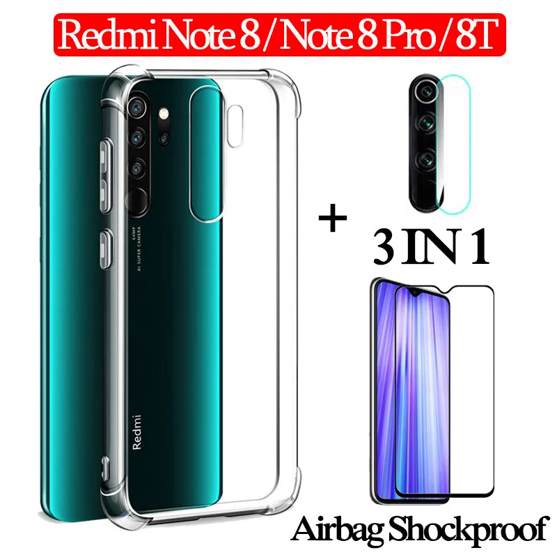 3-в-1 cтекло+ 360 Полный Защитный чехол на редми-ноут-8-чехол Xiaomi Redmi-Note-8-Pro подушка безопасности для чехол для телефона 8T редми нот 8 т прозрачный TPU чехол редми нот 8 про чехол redmi note 8 задняя крышка - Цвет: 3-in-1 Glass Case