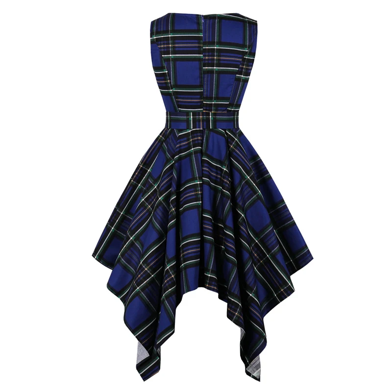 Tonval Vintage Tartan Red Plaid Elegant Party Asymmetrical Long Dress Women Sleeveless Summer Belted High Waist Midi Dresses