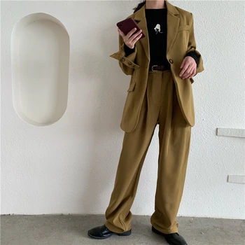 

High Quality Wide Leg Pant Women Suit 2020 Single Breasted Oversize Long Blazer+Loose Casual Pant Spring Blazer Suit 2 Piece Set