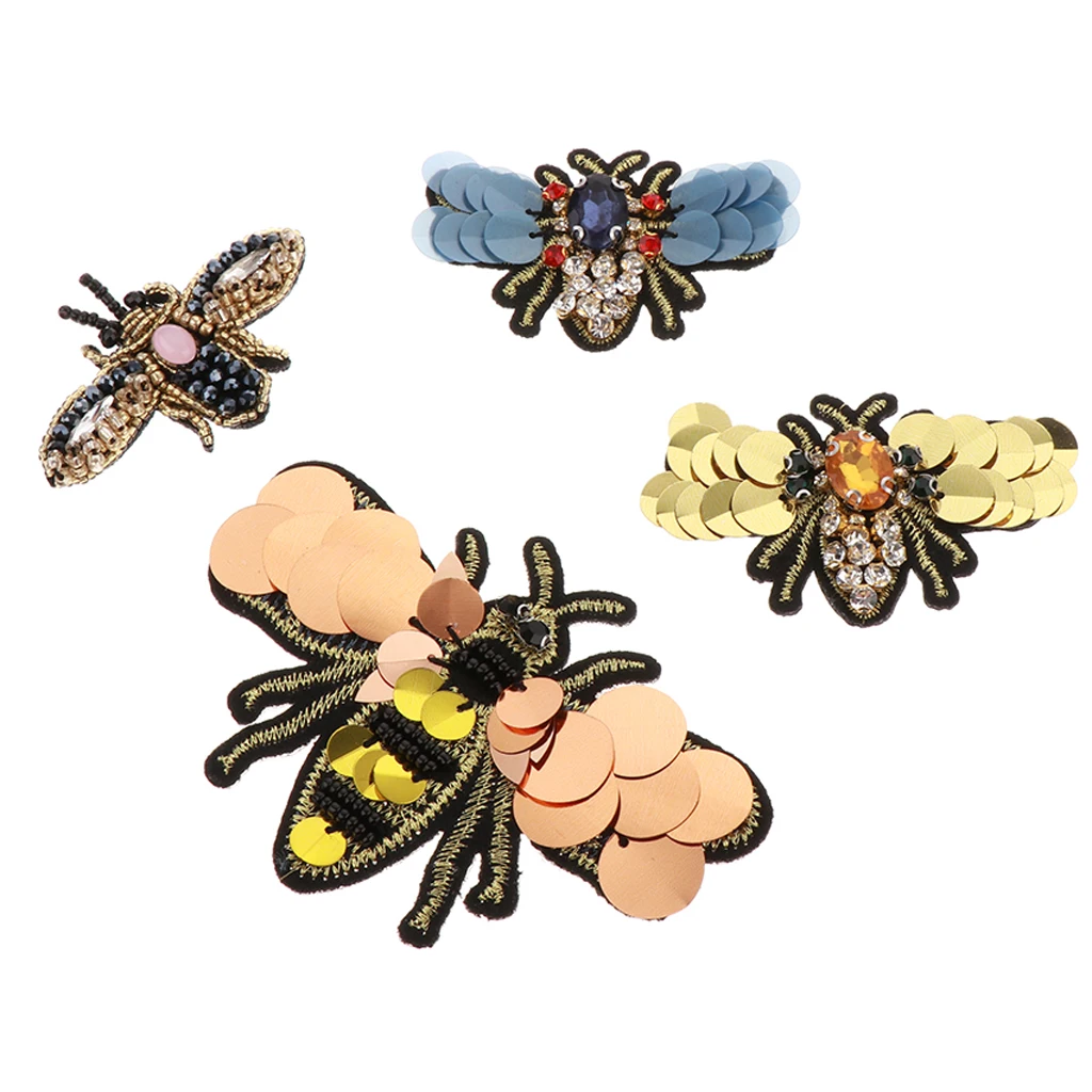 4 Pieces/set Beaded Bee Sequins Rhinestone Patch Embroidery Sewing Applique Clothing Accessory DIY Mixed