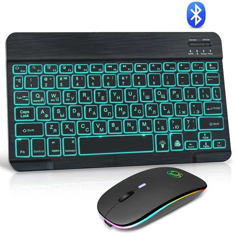 Цветная (RGB) Bluetooth клавиатура и мышь набор русские Беспроводной комбо резиновые