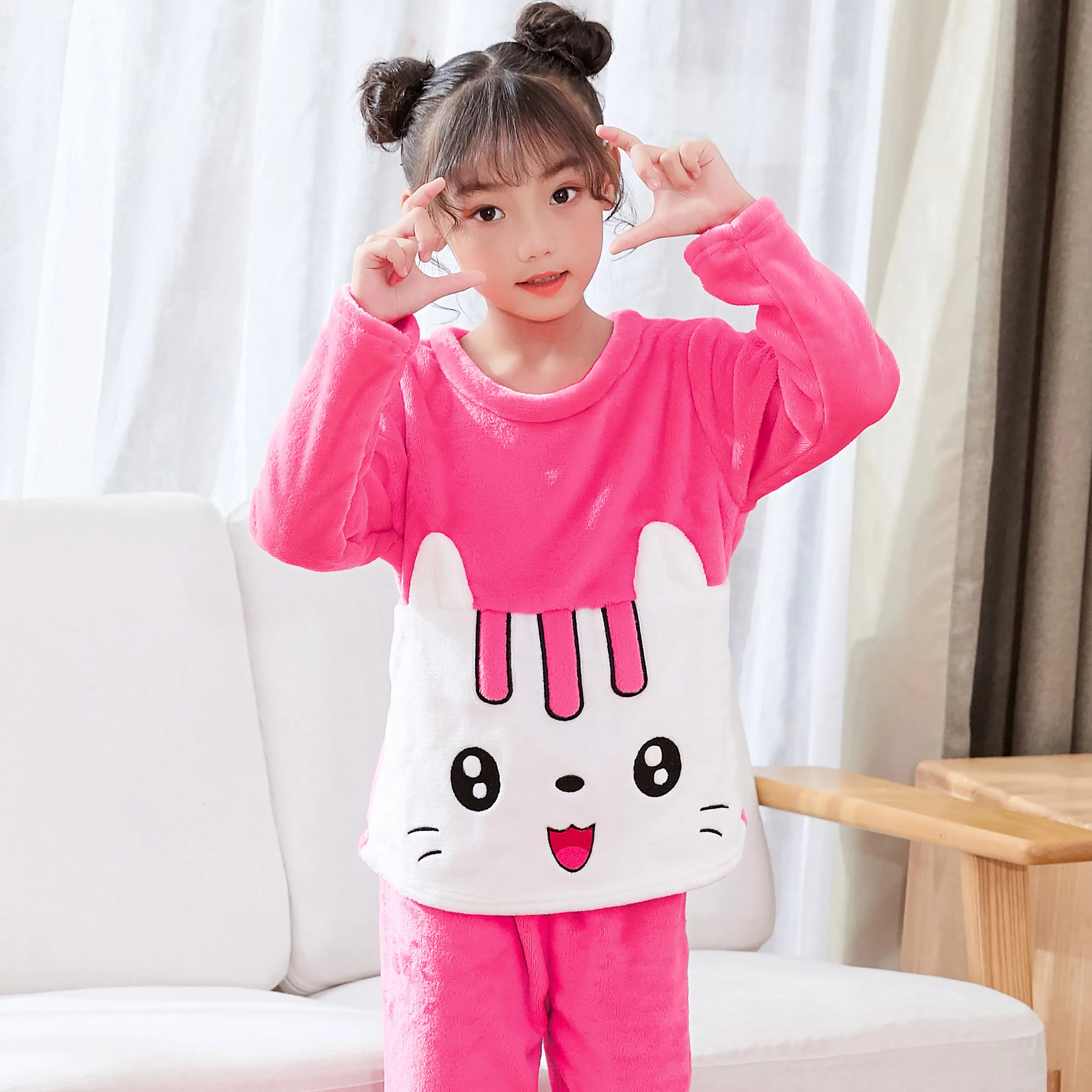 Зимние пижамы Фланелевая Пижама для девочек теплая мягкая Домашняя одежда с кроликом для маленьких мальчиков Осенняя флисовая одежда для сна для детей-подростков