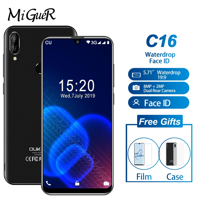 

OUKITEL C16 Android 9.0 Smartphone 5.71'' 19:9 MT6580P 2GB 16GB Fingerprint Face ID Waterdrop Screen 5V/1A 2600mAh Mobile Phone