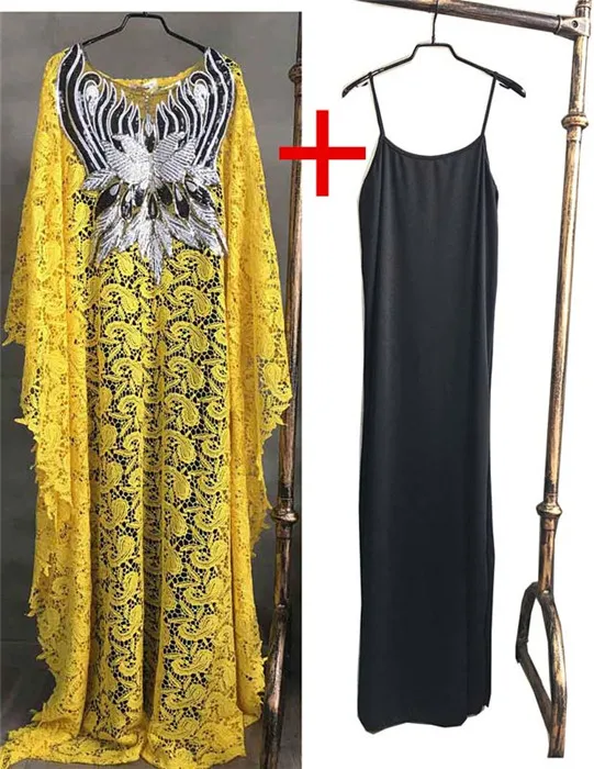 Yellow 2 piece set Длинное Африканское платье для женщин размера плюс, Дашики, модная Водорастворимая кружевная Свободная юбка с вышивкой бисером, африканская бубоу - Цвет: Yellow 2 piece set