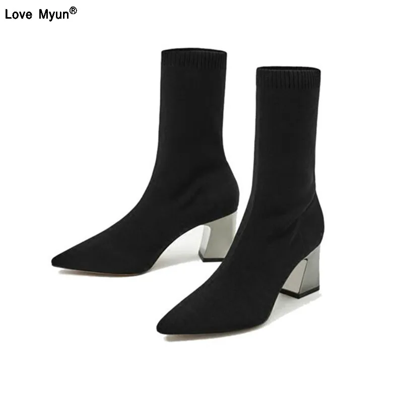 

Fashion Ankle Elastic Sock Boots Chunky High Heels Stretch Women Autumn Sexy Booties Pointed Toe Women Pump Size 875