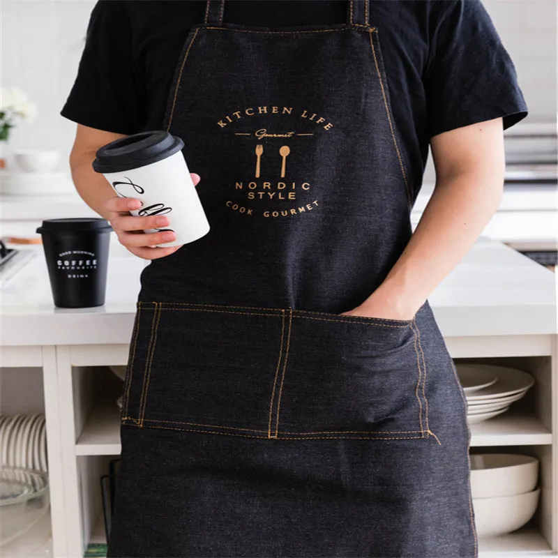 

Kitchen Anti-Staining Denim Apron Adjustable Men Women Cafe Uniform Nordic Black Stripe Apron Restaurant Home Cleaning Tools