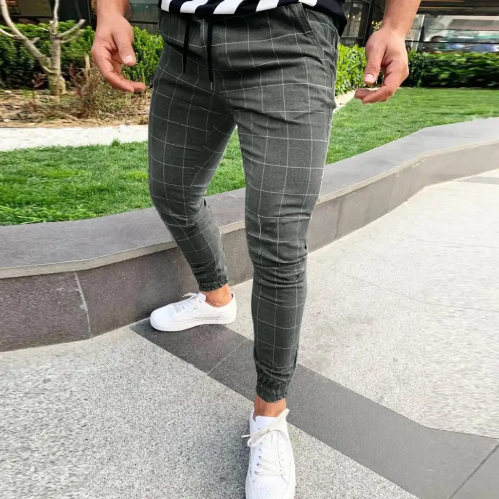 Feitong moda masculina jogger calças homem casual xadrez impressão cordão elástico na cintura calças compridas|Calças Skinny| - AliExpress