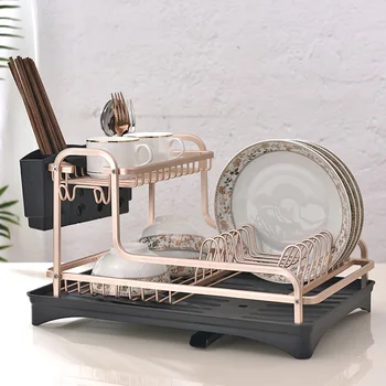 

Aluminum dishwashing rack kitchen storage box storage drainer drying board shelf sink knife fork container rose gold WF909200