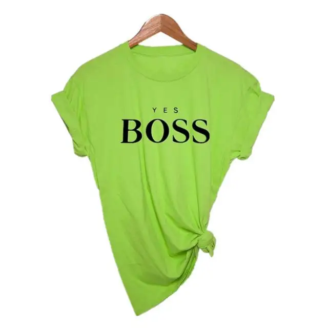 Yes футболка с надписью Boss, женская футболка с коротким рукавом и круглым вырезом, свободная футболка, летняя женская футболка, топы, Camisetas Mujer - Цвет: Grass green-H