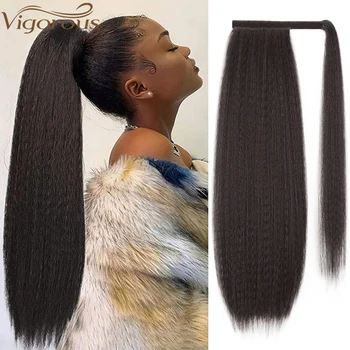 

Vigorous Long Kinky Straight Drawstring Synthetic Ponytail for Black Women 24 Inches Magic Paste Clip in Hair Extensions