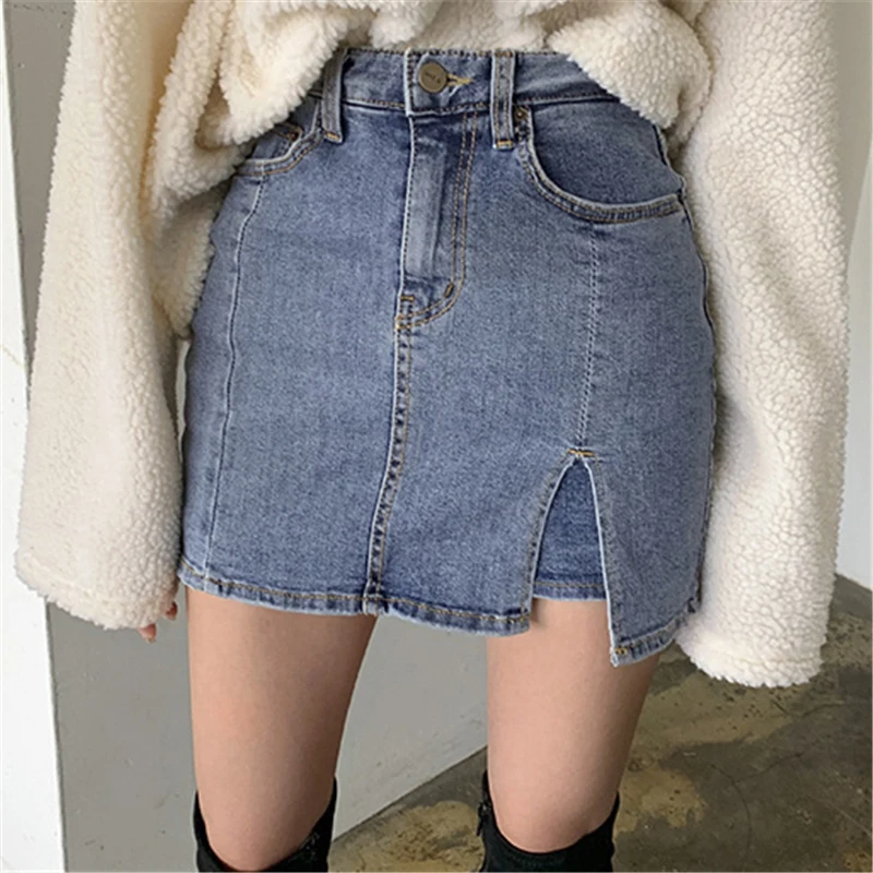 Повседневная Женская джинсовая юбка с высокой талией и разрезом по бокам