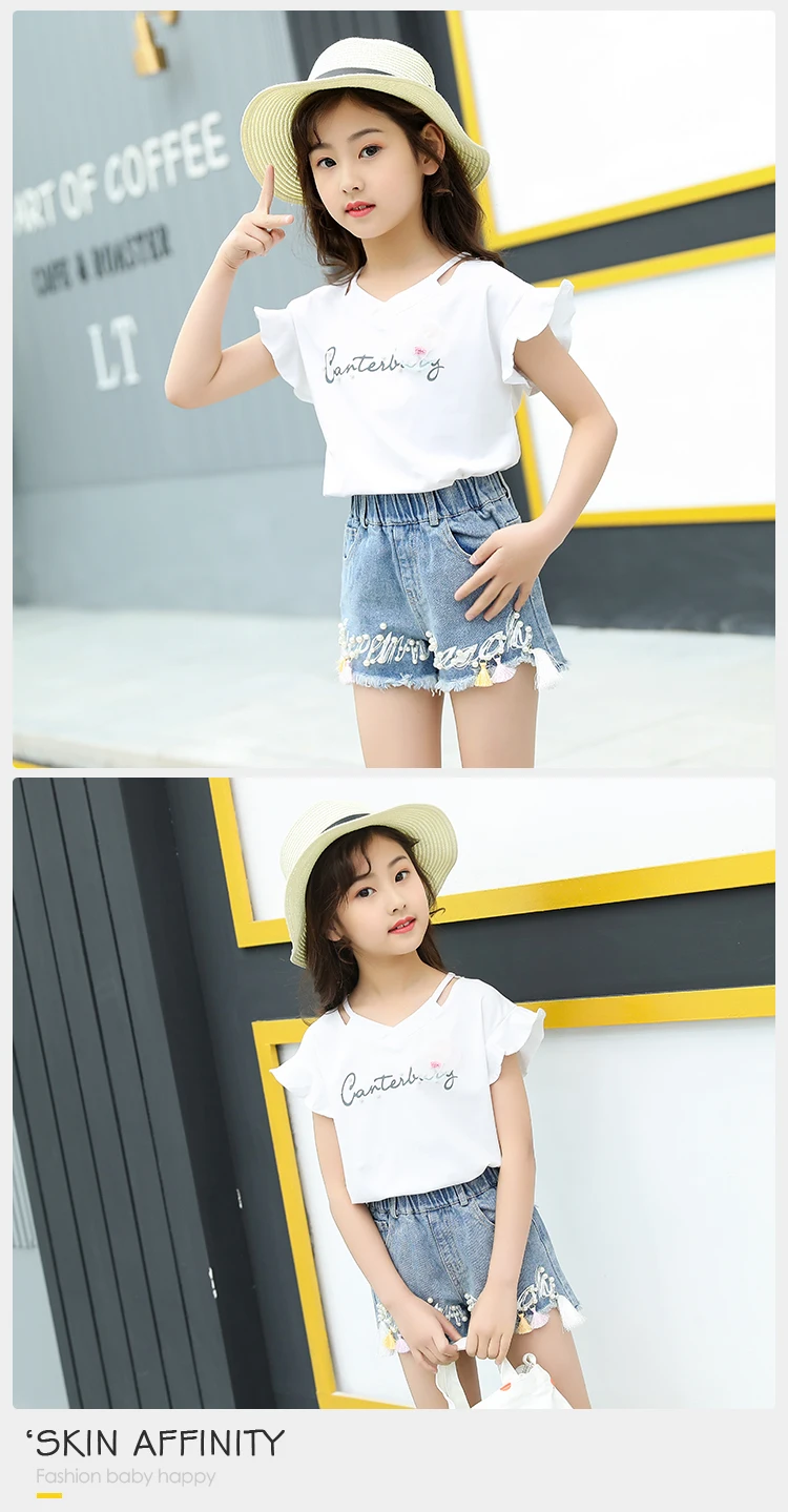 Summer Kids Girls 2 Piece 5-14 Year Old Girl Outfits Puff Sleeve T-shirt Two Piece Denim Short Girls Clothing Set