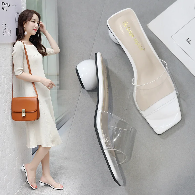

Slipper Women's Summer Outer Wear 2018 Summer New Style Korean-style Transparent Peep-Toe Square Head Line-styled Sandals Chunky