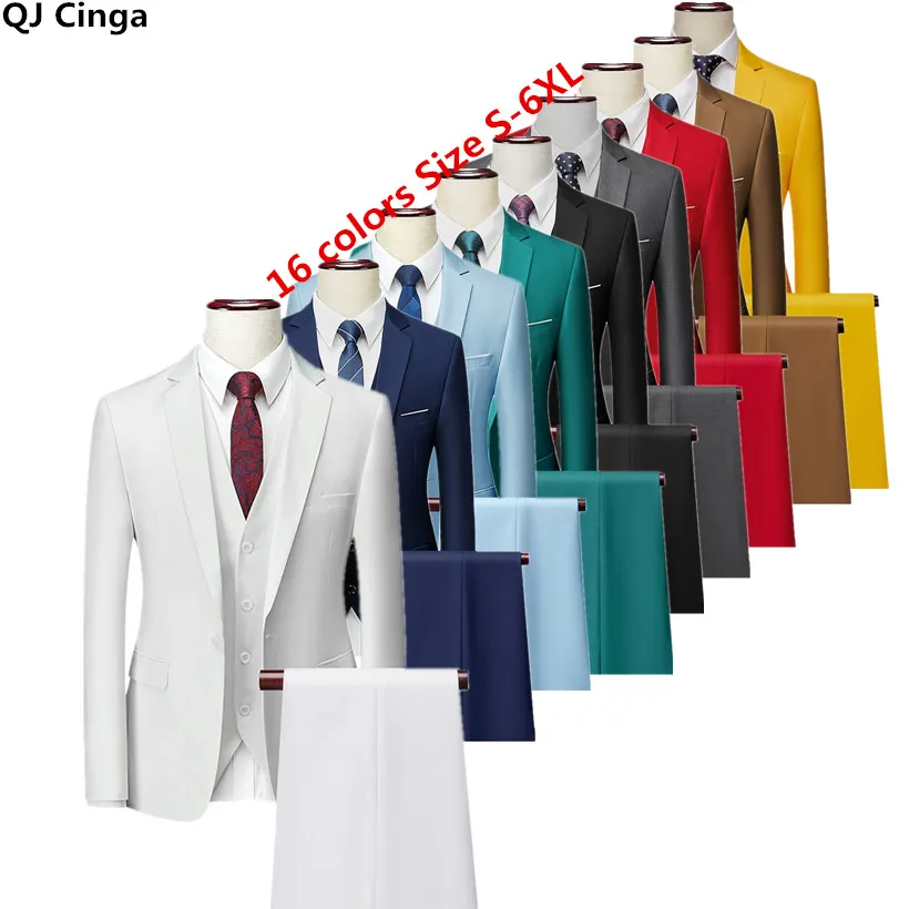 Conjuntos de 3 piezas formales para hombre, trajes de negocios/boda/Fiesta, ropa ajustada de moda, de talla grande, S-6XL, blanco, negro y azul, 16 colores