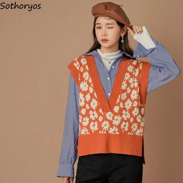 Sweater Vest Women Side-slit Asymmetrical V-neck Floral Printed Elegant Inside Korean Style Outwear Sweet Fashion Ins Soft New |