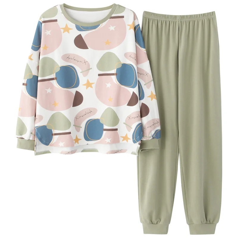 

Ladies Pajamas Spring And Autumn Pure Cotton Long-Sleeved Korean Version Plus Size Cartoon Two-Piece Home Service