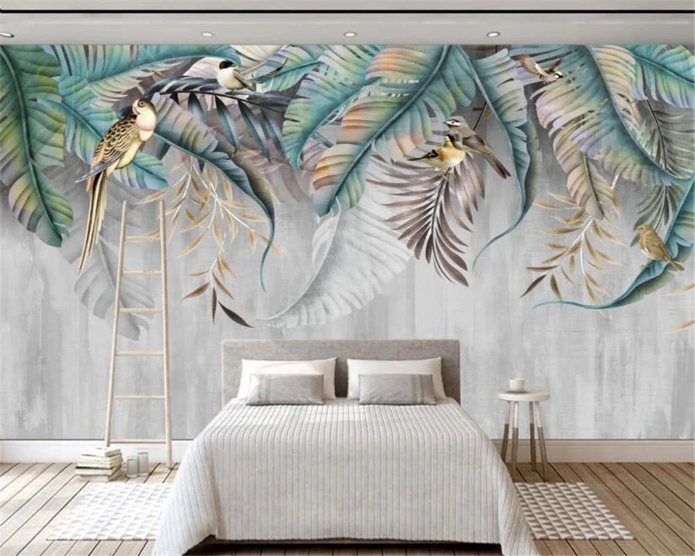 Custom sticker wallpaper 3D mural hand-painted Plant leaf flower bird  living room bedroom background wall home decoration