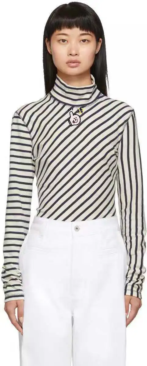 autumn and winter new blue and white color matching striped embroidery high collar sweater