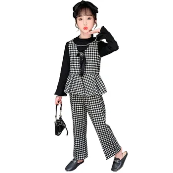 

Children Clothes Vest + Blouse + Pants Girls Clothing Plaid Pattern Kids Girl Clothes Set Flare Sleeve Kid School Clothes