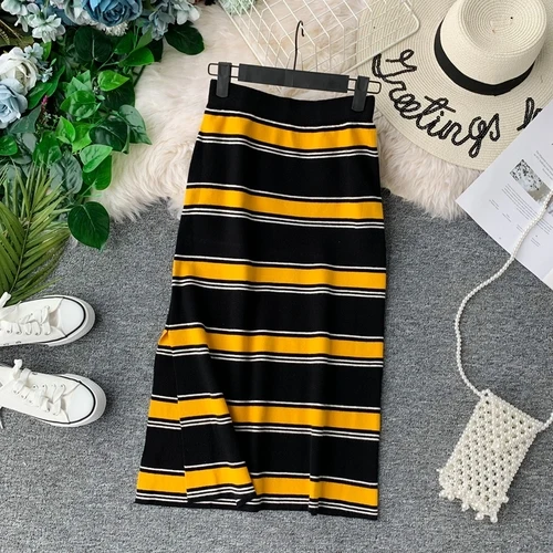 yellow Океанlove Осенняя Женская юбка в полоску трикотажная стрейч модная Faldas Mujer Moda Высокая талия панелями женские длинные юбки 12713 - Цвет: yellow
