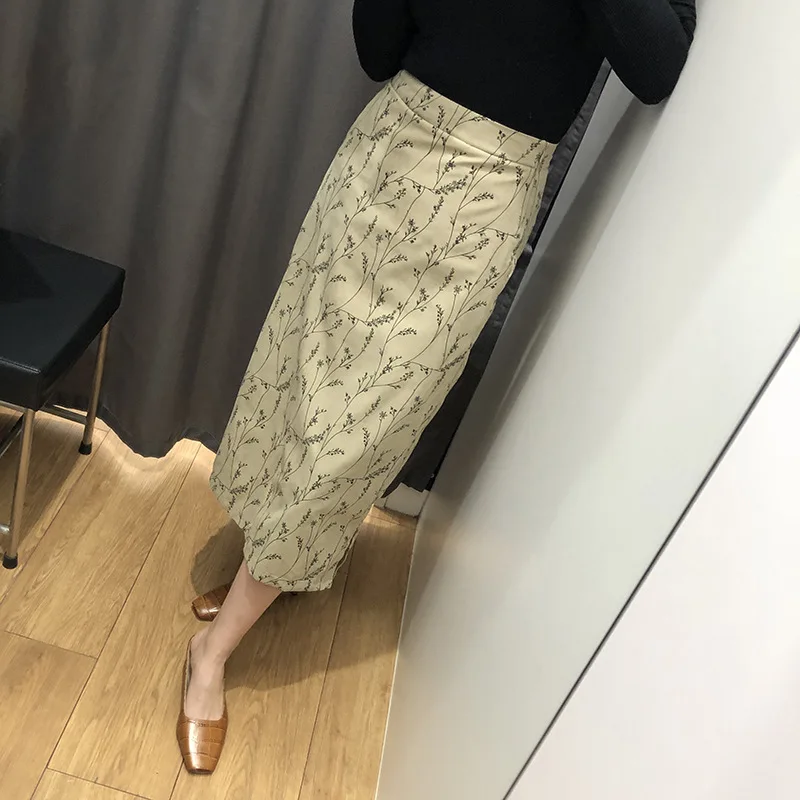 

2020 Spring Summer Hipster Women's Drape Printed Drape High-waisted Skirt Slit Hemline at Hem Sheath Midi-skirt