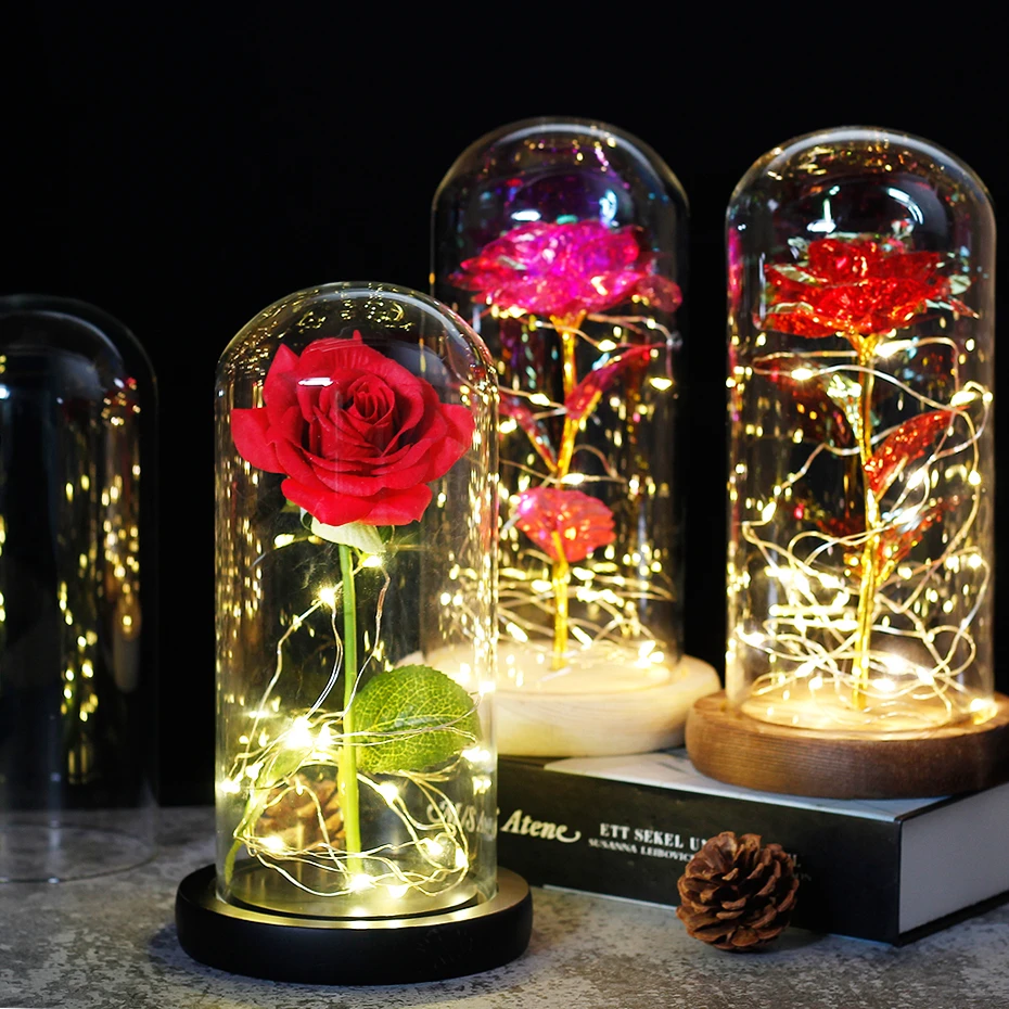 M kiss72- Purple Baby Fan Eternal Artificial Flowers Beauty and The Beast Enchanted Galaxy Rose LED in A Glass Dome On A Wooden Base for Valentine's Gifts 