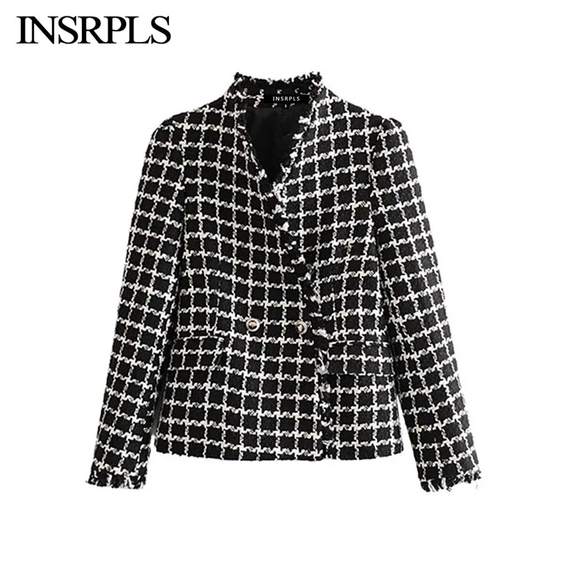 INSRPLS женский винтажный стильный двубортный пиджак в клетку с бахромой Женское