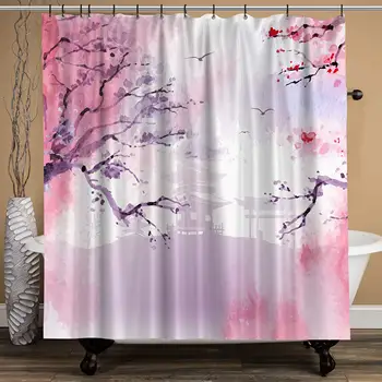 

Space Art Japanese Style Colorful Pink Watercolor Abstract Sakura Flowers Bath Shower Curtain Simple Artistic Style Waterproof