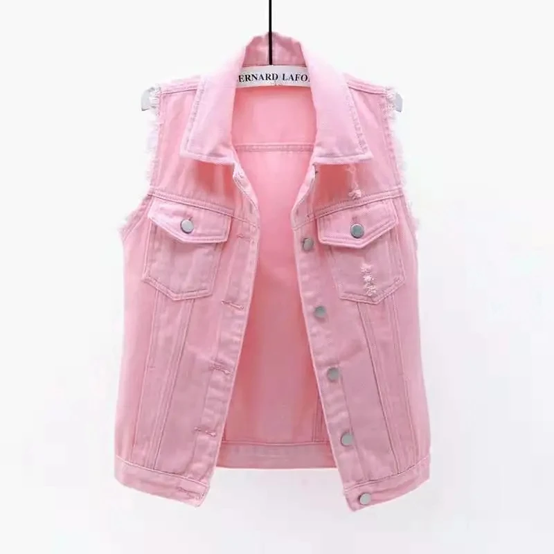 Candy color plus size denim vest ladies short 2021 spring and autumn new style Korean version of raw edge lapel cardigan vest womens parka Coats & Jackets