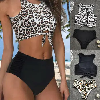 

2020 Women Summer Chic Tied Safe High Waist Two-Piece Swimsuit Leopard Print Biquini Push Up Stretch Swimwear Cool Bathing Suit