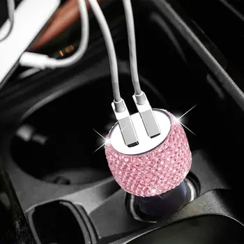 

1PCS Dual USB Car Charger For Mobile Phone Quick Charge 3.1 Handmade Rhinestones Crystal Car Decorations Fast Charging Adapter