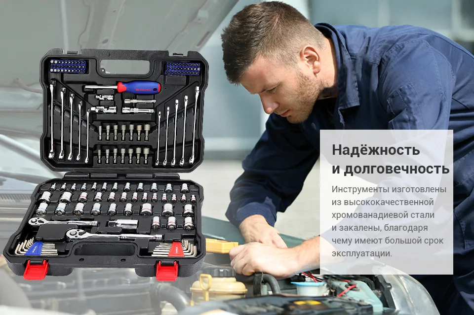 Набор интрументов для автомобиля 145 шт. стальные WORKPRO W003046AE набор ключей, торцевых головок, отвёрток