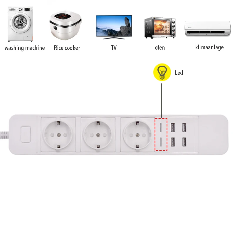 Умный удлинитель с 3 розетками европейского стандарта розетки 4 USB порта