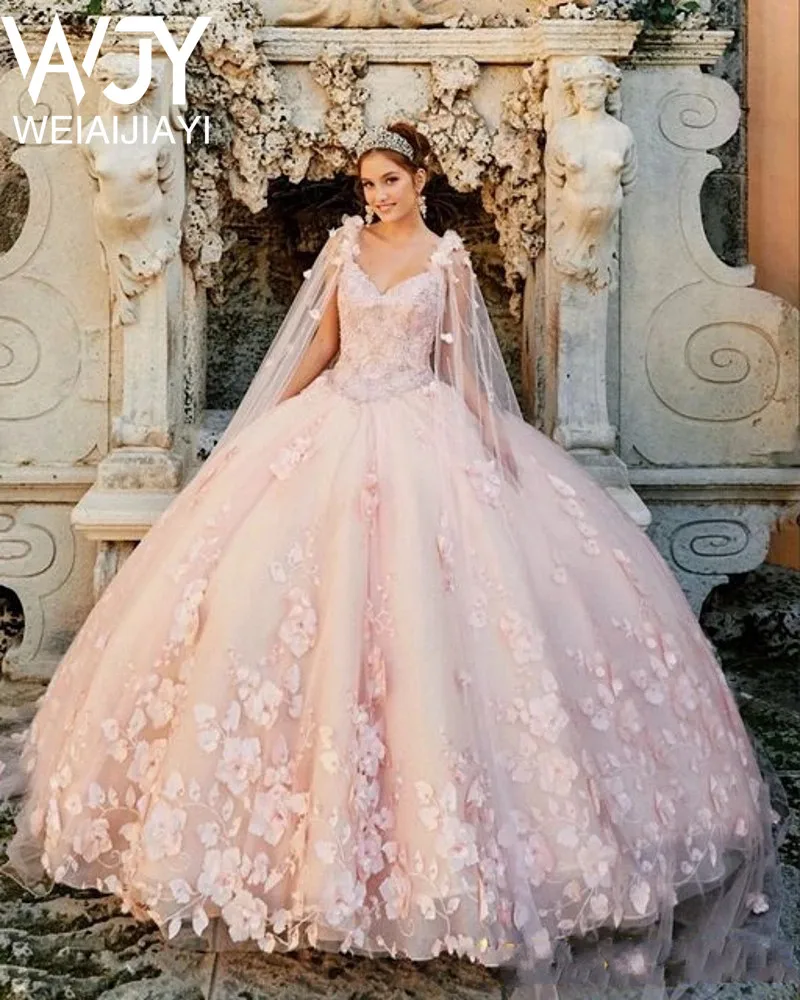 Pink Long Sexy V Neck Ball Gown Princess Girl Sweet 15 Quinceanera Dresses Floor Length Beauty Customize Prom Party Gowns Dress